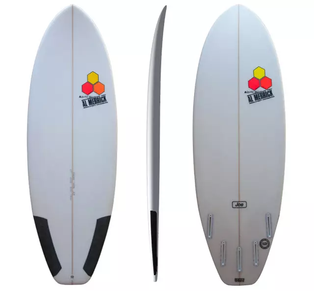 the average joe surfboard from channel islands rocker bottom and deck view